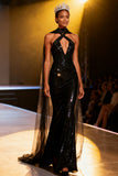 Sparkly Black Neck Scarf V-Neck Long Sequins Pageant Dress