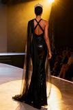 Sparkly Black Neck Scarf V-Neck Long Sequins Pageant Dress