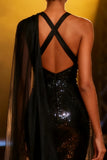 Sparkly Black Neck Scarf V-Neck Long Sequins Pageant Dress