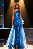 Sparkly Royal Blue Mermaid One Shoulder Sequins Long Pageant Dress with Sash