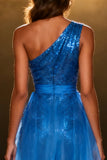 Sparkly Royal Blue Mermaid One Shoulder Sequins Long Pageant Dress with Sash