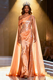 Sparkly Orange Satin Mermaid Sequins Ruched Long Pageant Dress with Cape