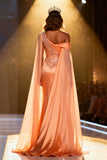Sparkly Orange Satin Mermaid Sequins Ruched Long Pageant Dress with Cape