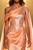 Sparkly Orange Satin Mermaid Sequins Ruched Long Pageant Dress with Cape