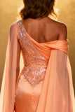 Sparkly Orange Satin Mermaid Sequins Ruched Long Pageant Dress with Cape