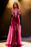 Sparkly Fuchsia Velvet Mermaid Neck Scarf Maxi Pageant Dress with Slit