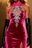 Sparkly Fuchsia Velvet Mermaid Neck Scarf Maxi Pageant Dress with Slit