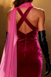 Sparkly Fuchsia Velvet Mermaid Neck Scarf Maxi Pageant Dress with Slit