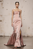 Light Pink Satin Spaghetti Straps Mermaid Long Formal Dress with Slit