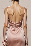 Light Pink Satin Spaghetti Straps Mermaid Long Formal Dress with Slit