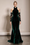 Dark Green Halter Velvet Mermaid Maxi Formal Dress