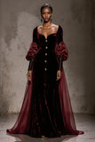 Burgundy Velvet Long Sleeves Evening Dress with Cape