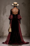 Burgundy Velvet Long Sleeves Evening Dress with Cape