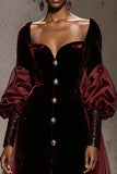 Burgundy Velvet Long Sleeves Evening Dress with Cape