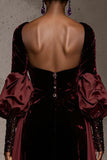 Burgundy Velvet Long Sleeves Evening Dress with Cape