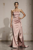 Simple Light Pink Strapless Satin Long Formal Dress with Slit