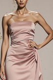 Simple Light Pink Strapless Satin Long Formal Dress with Slit