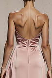 Simple Light Pink Strapless Satin Long Formal Dress with Slit