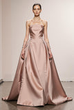 Simple Light Pink A Line Satin Strapless Maxi Formal Dress