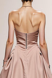 Simple Light Pink A Line Satin Strapless Maxi Formal Dress