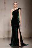 Dark Green One Shoulder Mermaid Long Velvet Formal Dress with Slit