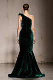 Dark Green One Shoulder Mermaid Long Velvet Formal Dress with Slit