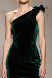 Dark Green One Shoulder Mermaid Long Velvet Formal Dress with Slit