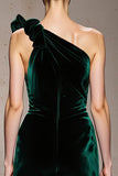 Dark Green One Shoulder Mermaid Long Velvet Formal Dress with Slit