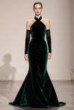 Dark Green Halter Mermaid Velvet Long Formal Dress