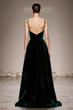 Dark Green Velvet Spaghetti Straps Maxi Formal Dress with Slit