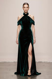 Simple Dark Green Velvet Long Halter Formal Dress with Slit