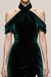 Simple Dark Green Velvet Long Halter Formal Dress with Slit