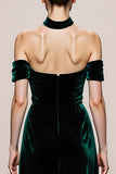 Simple Dark Green Velvet Long Halter Formal Dress with Slit
