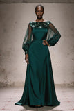 Sparkly Dark Green Boat Neck A Line Maxi Gala Dress with Sleeves