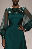 Sparkly Dark Green Boat Neck A Line Maxi Gala Dress with Sleeves