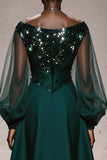 Sparkly Dark Green Boat Neck A Line Maxi Gala Dress with Sleeves