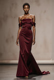 Burgundy Satin Mermaid Off the Shoulder Maxi Formal Dress