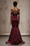 Burgundy Satin Mermaid Off the Shoulder Maxi Formal Dress