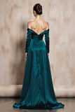 Dark Green Satin Off the Shoulder Long Sleeves Formal Dress with Slit