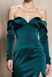 Dark Green Satin Off the Shoulder Long Sleeves Formal Dress with Slit