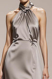 Simple Silver Satin Halter Formal Dress with Slit