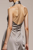 Simple Silver Satin Halter Formal Dress with Slit