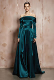 Dark Green Off the Shoulder A Line Maxi Satin Formal Dress with Sleeves