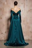 Dark Green Off the Shoulder A Line Maxi Satin Formal Dress with Sleeves