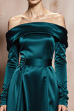 Dark Green Off the Shoulder A Line Maxi Satin Formal Dress with Sleeves