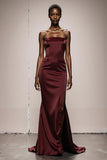 Simple Burgundy Satin Strapless Mermaid Long Formal Dress