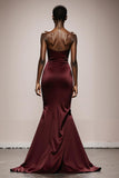 Simple Burgundy Satin Strapless Mermaid Long Formal Dress