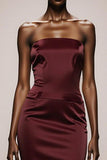 Simple Burgundy Satin Strapless Mermaid Long Formal Dress