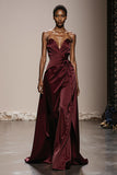 Simple Burgundy Satin Strapless Maxi Formal Dress