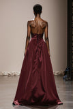 Simple Burgundy Satin Strapless Maxi Formal Dress